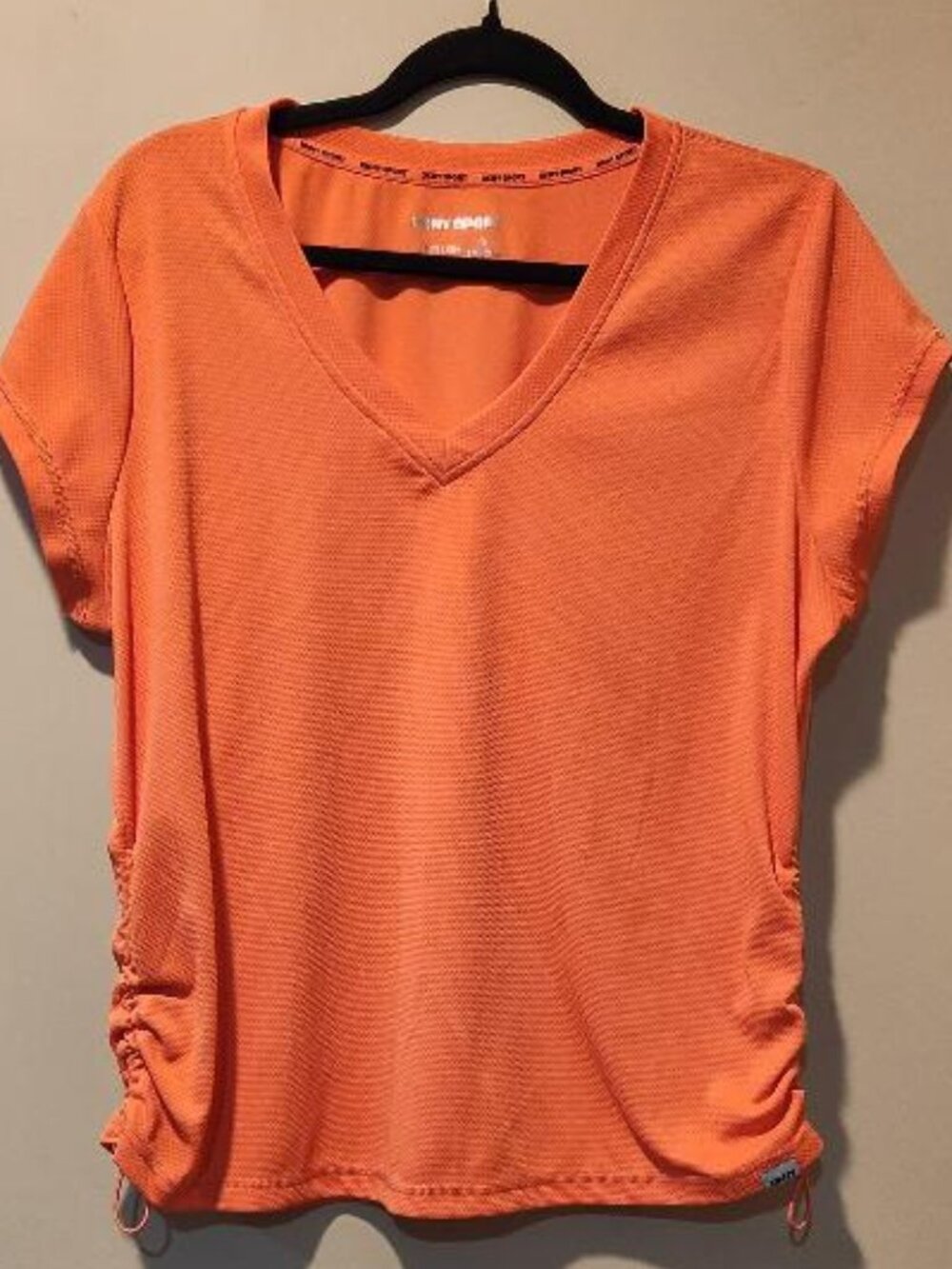 DKNY Sport V-neck Short Sleeve Tech Ruched Side Seam Tee